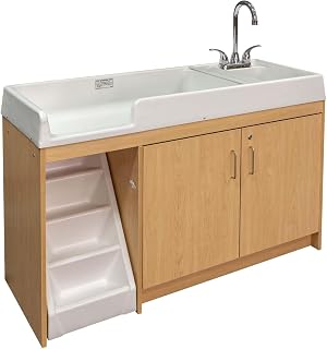 Tot Mate Toddler Diaper Changing Table with Stairs (Left) and Sink (Right) - Ideal Infant Changing Station for Home, Nursery, Daycare - 59-1/2" Wide, Assembled Baby Changer (Maple)