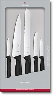 Victorinox Swiss Classic Kitchen Set, 5 Pieces - Utility & Bread Knives | Durable ergonomic set with paring, carving, and bread knives. Made in Switzerland, dishwasher safe, and black handles.
