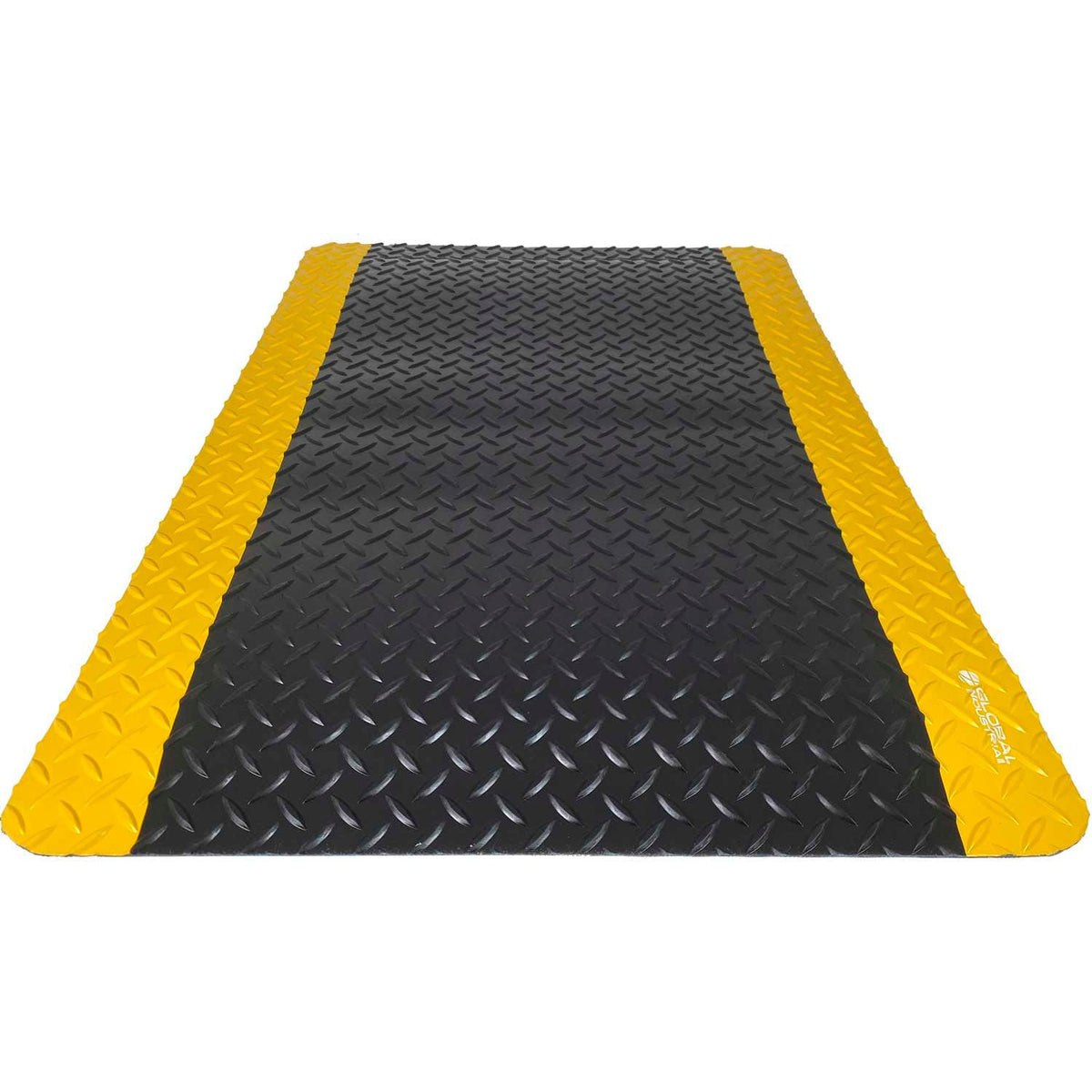 Global Industrial Diamond-Plate Anti Fatigue Mat – 9/16" Thick, 3'W x 16'L, Black/Yellow Border