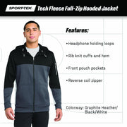 Unisex Tech Fleece Colorblock Full Zip Hooded Jacket by SPORT-TEK – 3X-Large, Polyester, Black/ Graphite Heather/ True Red, Model 904662