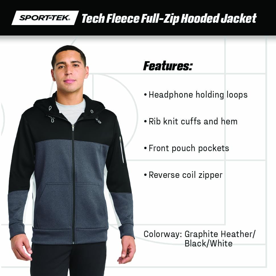 Unisex Tech Fleece Colorblock Full Zip Hooded Jacket by SPORT-TEK – 3X-Large, Polyester, Black/ Graphite Heather/ True Red, Model 904662