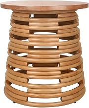 Furnifact Rattan Accent Table with Solid Mindi Wood Top, Boho Round Side Table or Nightstand for Living Room and Bedrooms