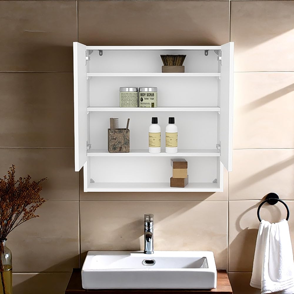 Double-Door Medicine Cabinet with Mirror by Tuhome – Engineered Wood, White, Model GLB11600