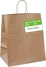 Responsible Products 14" x 16.5" x 9.6" Paper Handle Shopping Bag, Plastic-Free, Recyclable, Made without PFAS, Natural Brown (200 count)
