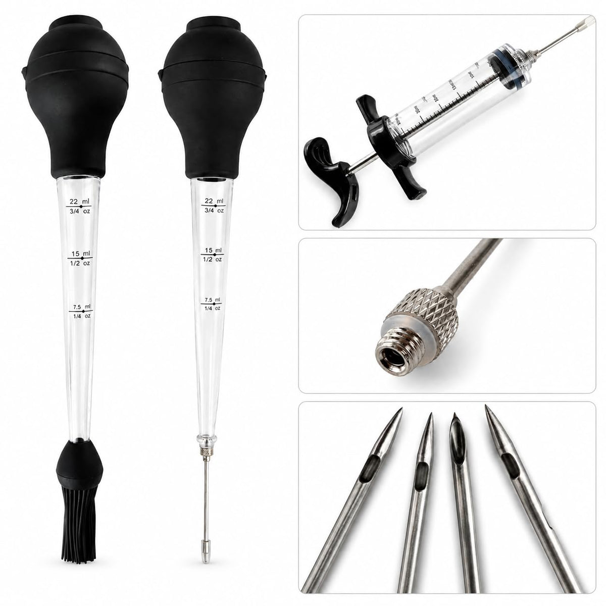 CozyBits Meat Injector Kit, 9 Piece Set with Needles and Brush, Black
