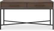 Mako Console Table, Rectangular, Solid Oak Frame, Vegan Leather Look, Brass Legs, Two Drawers, Brown