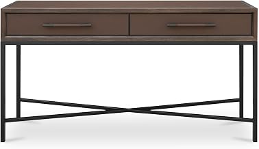 Mako Console Table, Rectangular, Solid Oak Frame, Vegan Leather Look, Brass Legs, Two Drawers, Brown