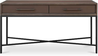 Mako Console Table, Rectangular, Solid Oak Frame, Vegan Leather Look, Brass Legs, Two Drawers, Brown