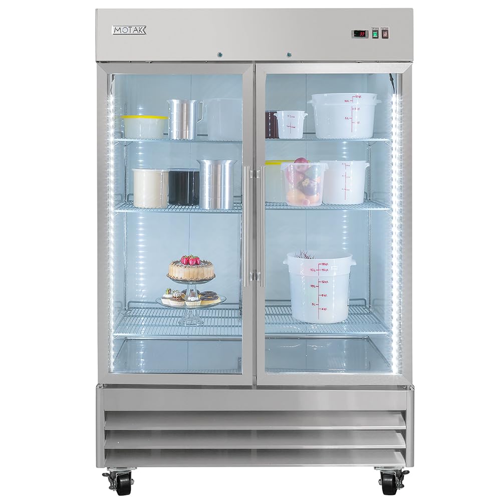 54" Two Section Reach In Refrigerator - (2) Left/Right Hinge Glass Doors by MOTAK – 56.69x35.04x83.46, In Description, Check Images, Model MSD-2DR-BAL-54-G-X