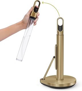 simplehuman Paper Towel Holder with Spray, All-in-One Countertop Paper Towel and Cleaner Dispenser, 6 oz Refillable Pump, One-Handed Tear, Weighted Base, Brass