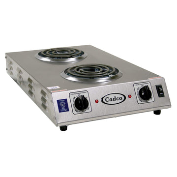 13.5-Inch Portable Electric Commercial Countertop Hot Plate with 2 Burners and Infinite Controls by Cadco – Stainless Steel, Model CDR-1TFB