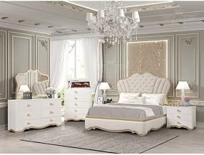 Athena Ivory and Gold Scalloped 5-Piece Bedroom Set, King