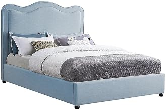 Starlight Canyon Home Linen-Textured Fabric Platform Bed with Camelback Headboard, Upholstered Bed Frames Full Size with Footboard, Light Blue Linen Textured Fabric