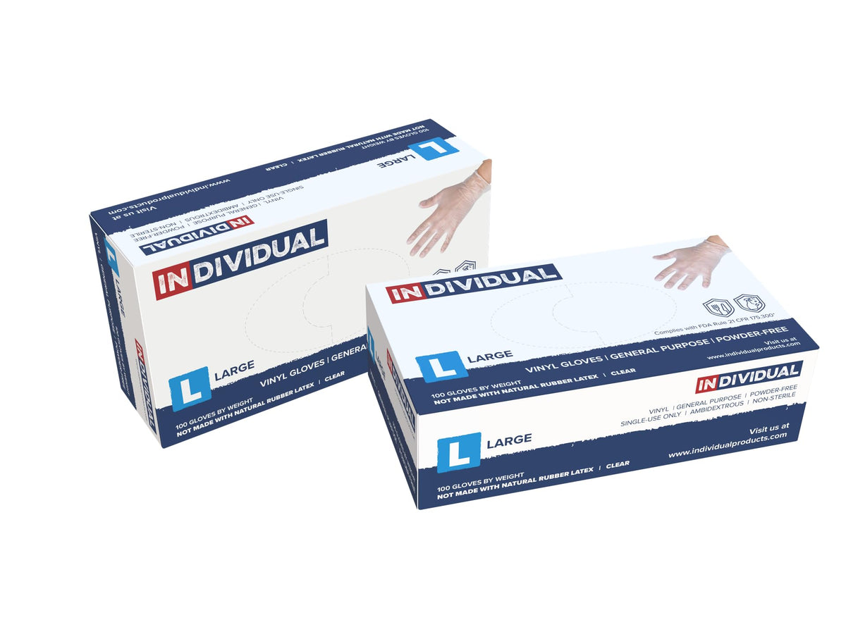 INDIVIDUAL Clear Vinyl Gloves – Large, 3 Mil, Powder Free and Latex Free | 1,000/Case