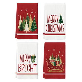 Artoid Mode Christmas Kitchen Towels, Red Star Sleigh Print, Set of 4