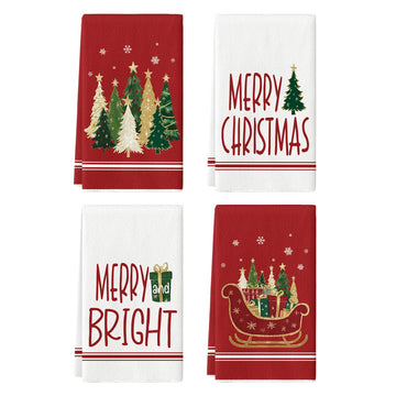 Artoid Mode Christmas Kitchen Towels, Red Star Sleigh Print, Set of 4