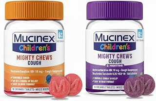 Mucinex Children's Mighty Chews Day and Night time Kids Cough Medicine, Easy to Dose Cough Suppressant, Kids Travel Medicine for Cough, Mixed Berry Flavor, 16 Chewable Tablets (Combo Pack)