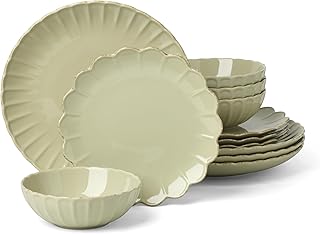 Lenox French Perle Scallop Matcha Stoneware 12-Piece Dinnerware Set for 4 | dishwasher safe | plates and bowls sets for kitchen and dining | 11 inch plate, dish set, dishes | 2.25 inch