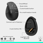 Wave Keys & Lift Vertical Mouse - Ergonomic Wireless Keyboard and Mouse Combo - with Cushioned Palm Rest by Logitech – One Size, Graphite, Model 920-013610