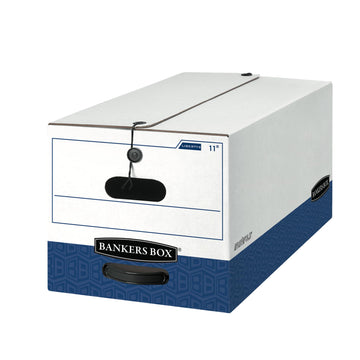 12-Pack String & Button Heavy-Duty File Box by Bankers Box – Letter, 12.0 liters, Double End; Single Side; Double Bottom, WHITE/BLUE, Pack of 12