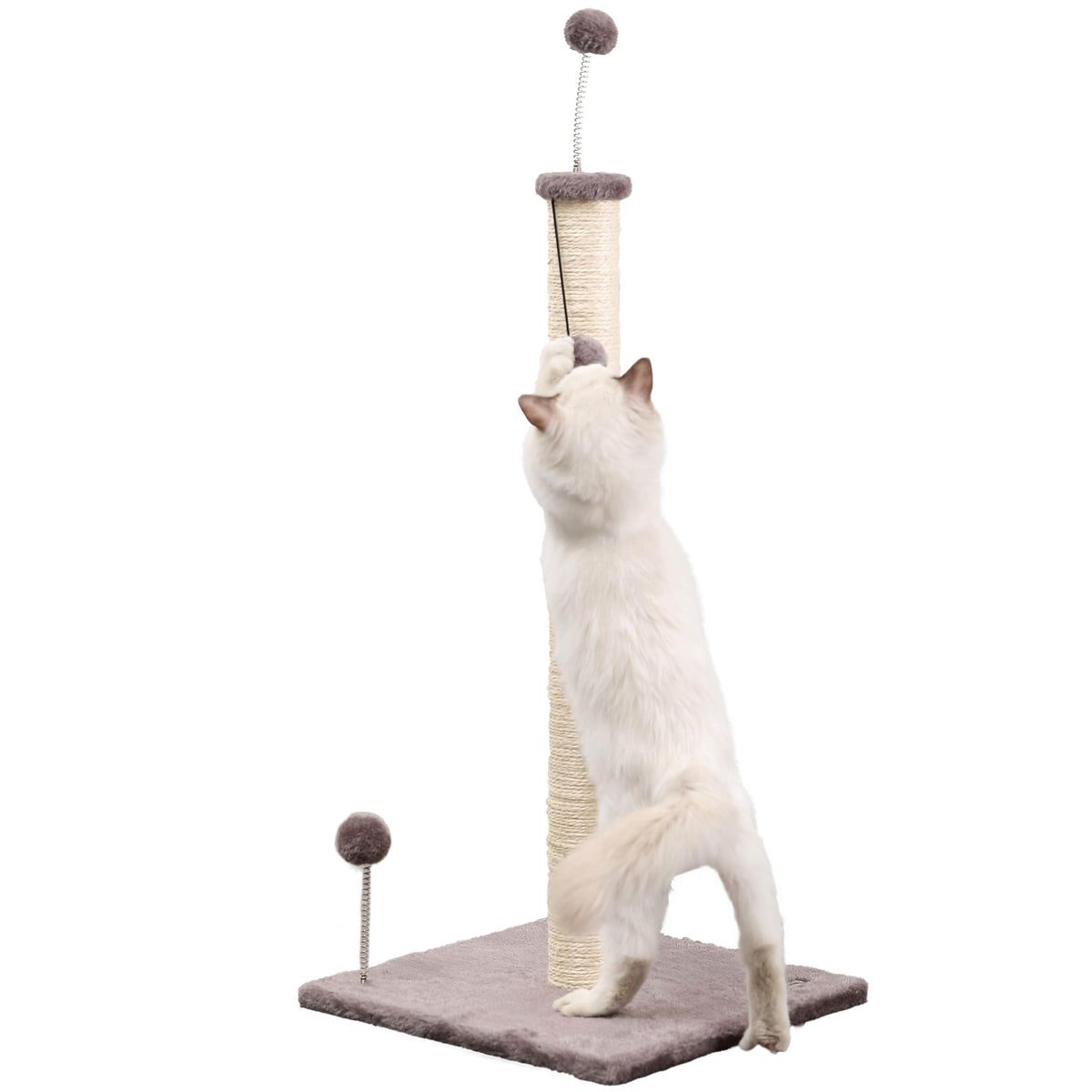 Rylie 38" Farmhouse Sisal Pillar Cat Scratching Post with Fuzzy Toys and Spring Balls by THE LICKER STORE – Plush/Sisal Rope, Gray/Cream, Model CTR1010A