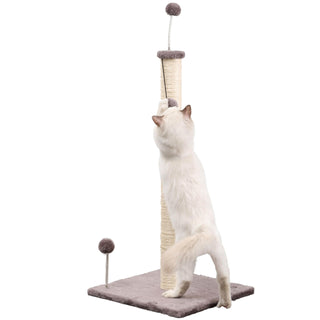Rylie 38" Farmhouse Sisal Pillar Cat Scratching Post with Fuzzy Toys and Spring Balls by THE LICKER STORE – Plush/Sisal Rope, Gray/Cream, Model CTR1010A