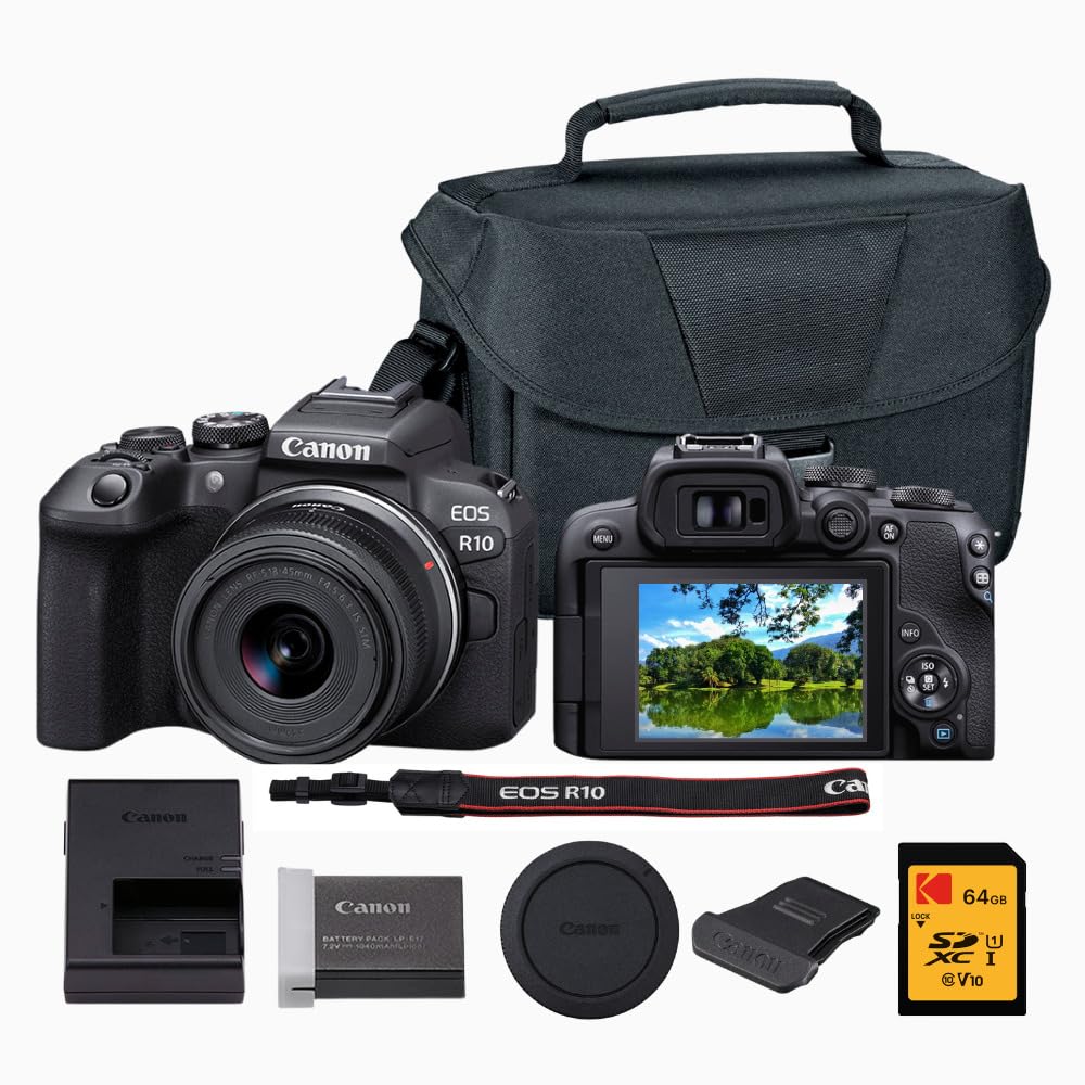 EOS R10 Mirrorless Camera with RF-S 18-45mm Lens and Accs Bundle by Canon – Black, Model CAER101845-K1