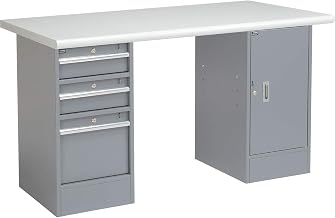 Global Industrial Pedestal Workbench, 3 Drawers & 1 Cabinet, Gray Pedestal