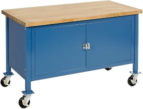 Global Industrial Mobile Workbench with Security Cabinet, Maple Butcher Block Safety Edge, 60" W x 30" D, Blue