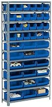 Global Industrial Open Bin Shelving w/8 Shelves & 14 Blue Bins, 36x12x73