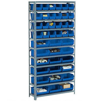 Open Bin Shelving w/8 Shelves & 14 Blue Bins by Global Industrial – 12"L x 36"W x 73"H, Alloy Steel, Grey, Model 506206BL