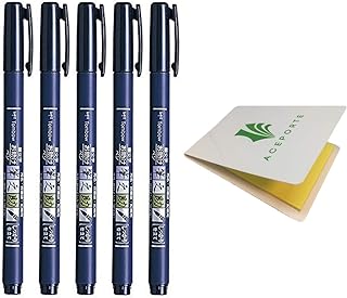 Tombow Fudenosuke Fude Brush Pen Hard (GCD-111) x5 Set, with Original Sticky Notes – Great for Calligraphy, Art Drawings, Illustration, Manga
