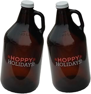 Libbey 64 Ounce Hoppy Holidays 1/2 Gallon Beer Growler, Amber Glass, Set of 2