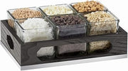 Cinderwood Collection – Jar Display – 12.75W x 9D x 5.125H – Dark Stained Oak, 6 Glass Jars, Mirror Metal Base
