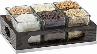 Cinderwood Collection – Jar Display – 12.75W x 9D x 5.125H – Dark Stained Oak, 6 Glass Jars, Mirror Metal Base