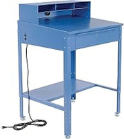 Global Industrial 34-1/2"W x 30" D x 38" H Shop Desk with Pigeonhole Riser, Electrical Outlets, Sloped Surface, Blue