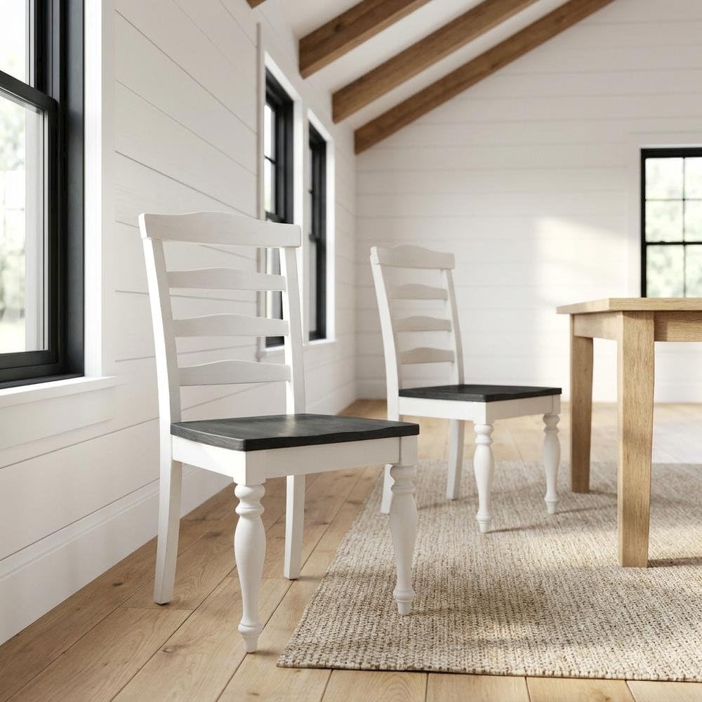 White Ladderback Dining Chairs Set of 2 with Wood Seats by Starlight Canyon Home – Solid Wood, Mahogany, White, Pack of 2