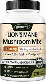 ZEBORA 5-in-1 Lion's Mane Mushroom Capsules, Focus & Energy, 120 Count | Cordyceps, Reishi, Turkey Tail, Fruiting Body, Allergen-Free, Third-Party Tested, 100% Vegan, Daily Nootropic Support