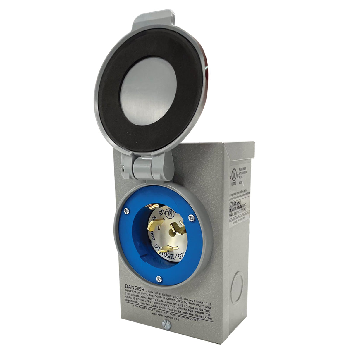 50-Amp 12,500-Watt 120/240-Volt Non-Metallic Power Inlet Box by DuroMax – Upright Mount Style, Plastic, gray, Model XP50PB