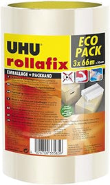 UHU Rollafix Packing Tape Clear Pack of 3 66m x 50mm