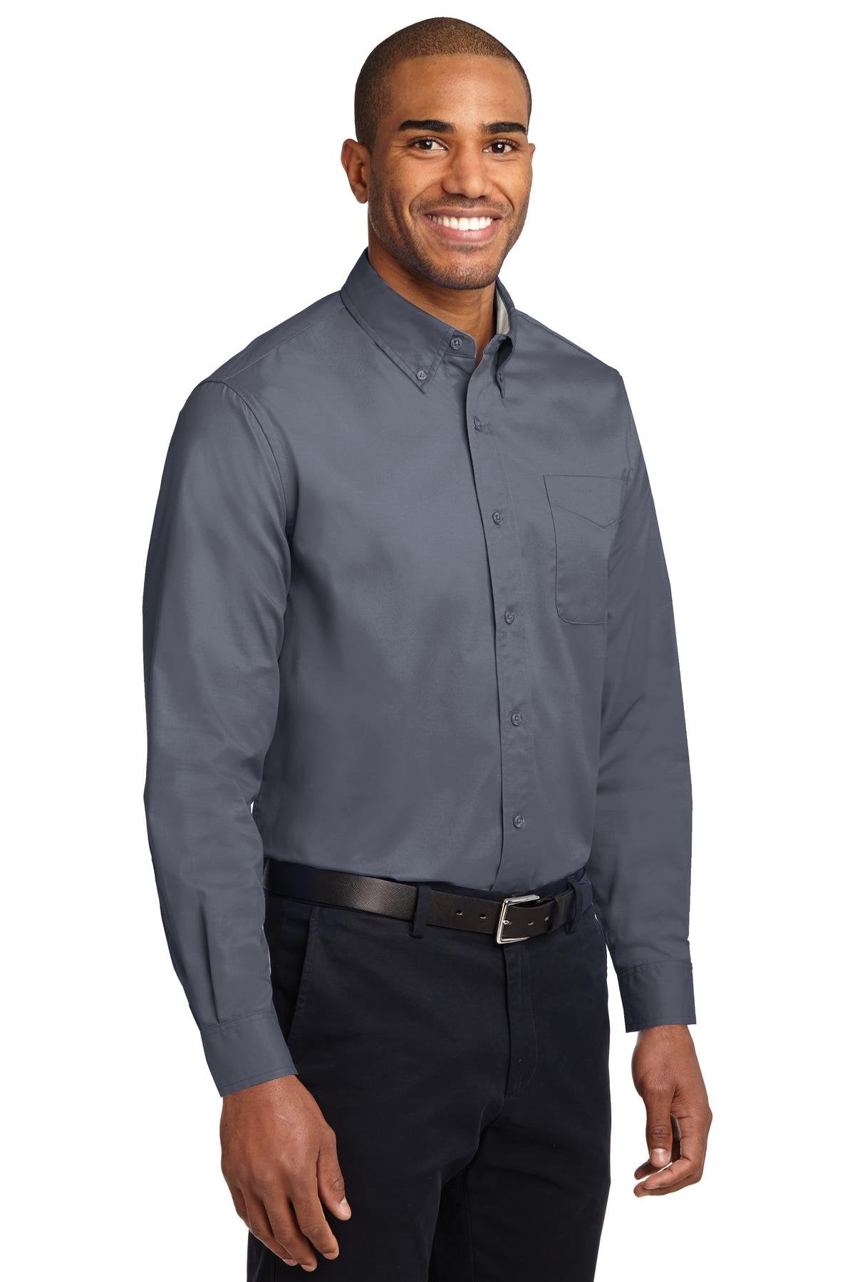 Men's Tall Long Sleeve Easy Care Button-Down Shirt by Port Authority – Cotton,Steel,Stone, Steel Grey/Light Stone, Model TLS608