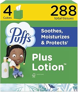 Puffs Facial Tissues Plus Lotion, 4 Mega Cube Boxes, 72 Facial Tissues per Box, Allergies and Colds (Packaging May Vary)