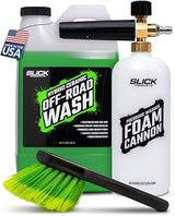 Slick Products Off-Road Wash (64 oz.) + Pressure Washer Foam Cannon + Scrub Brush – Super Concentrated ATV, UTV, Dirt Bike, Jeep & Truck Wash Foam Shampoo for Heavy Mud and Dirt