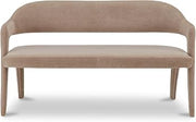 Martens Dining Bench, Polyester Upholstery, Iron Frame, Open Barrel Back, Cushioned Seat, Camel