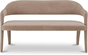 Martens Dining Bench, Polyester Upholstery, Iron Frame, Open Barrel Back, Cushioned Seat, Camel