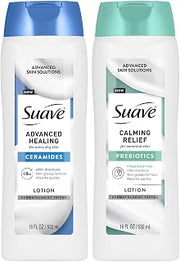 Suave Lotion Variety 2-Pack Bundle – Calming Relief for Sensitive Skin with Prebiotics, Fragrance-Free + Advanced Healing Hand & Body Lotion for Extremely Dry Skin with Ceramides, 18 Oz Ea
