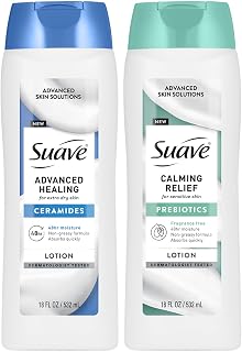 Suave Lotion Variety 2-Pack Bundle – Calming Relief for Sensitive Skin with Prebiotics, Fragrance-Free + Advanced Healing Hand & Body Lotion for Extremely Dry Skin with Ceramides, 18 Oz Ea