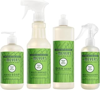 Mrs. MEYER'S Clean Day Fresh Cut Grass Scent Variety Pack, Liquid Hand Soap 12.5 FL OZ, Dish Soap 16 FL OZ, Multi-Surface Cleaner 16 FL OZ, Room Freshener 8 OZ, 1 CT