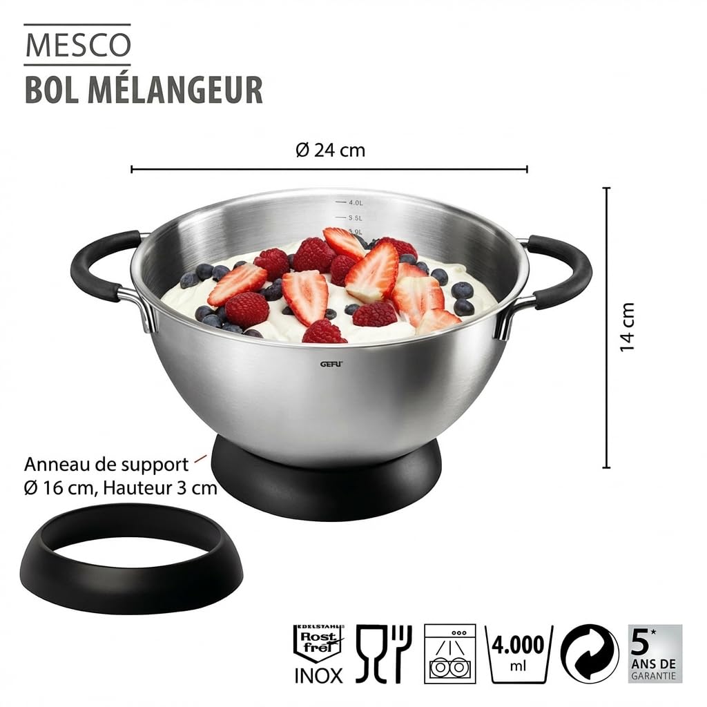 Mixing and Beating Bowl by GEFU – 24 x 24 x 14,5 cm, 4 liters, Plastic, Silver, Model GE28140