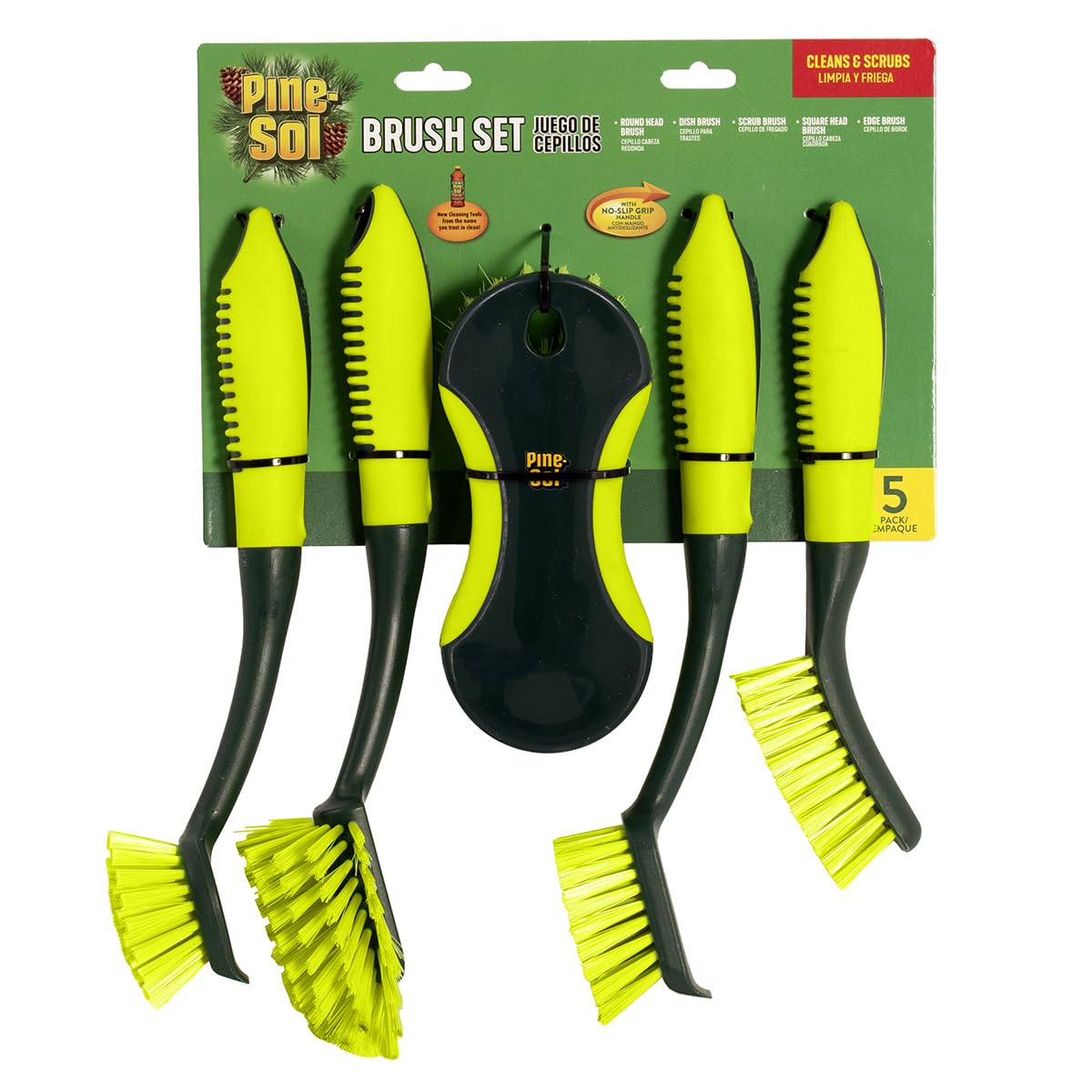 Scrub Brush Set - Long Handle Cleaning Brushes with Heavy Duty Bristles and Comfort Grip - Scrubbers for Kitchen by Pine-Sol – 5 Piece Set, Nylon, Green, Model Pine-Sol